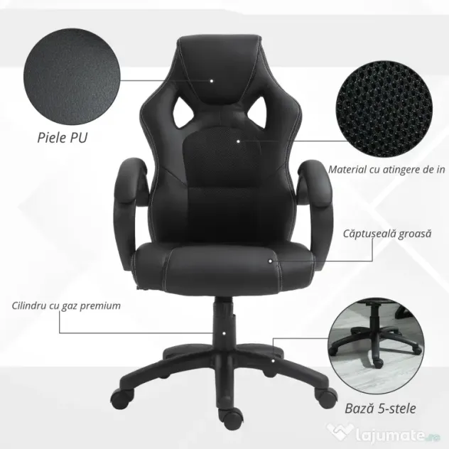 HOMCOM Scaun pentru birou, cu roti rotative la 360°, scaun gaming, inaltimea reglabila, Negru | Aosom Romania