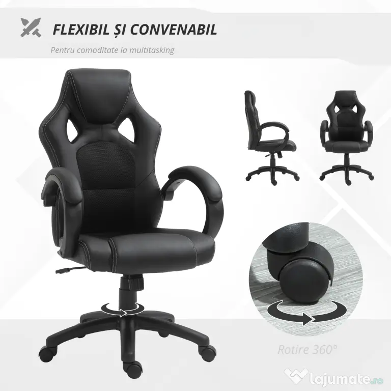 HOMCOM Scaun pentru birou, cu roti rotative la 360°, scaun gaming, inaltimea reglabila, Negru | Aosom Romania