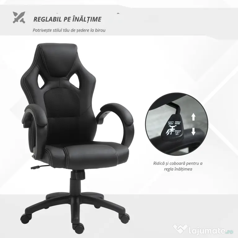 HOMCOM Scaun pentru birou, cu roti rotative la 360°, scaun gaming, inaltimea reglabila, Negru | Aosom Romania
