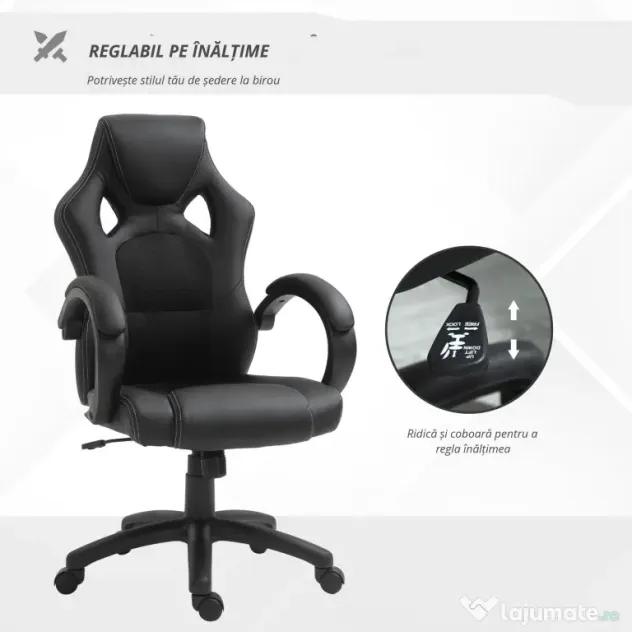 HOMCOM Scaun pentru birou, cu roti rotative la 360°, scaun gaming, inaltimea reglabila, Negru | Aosom Romania