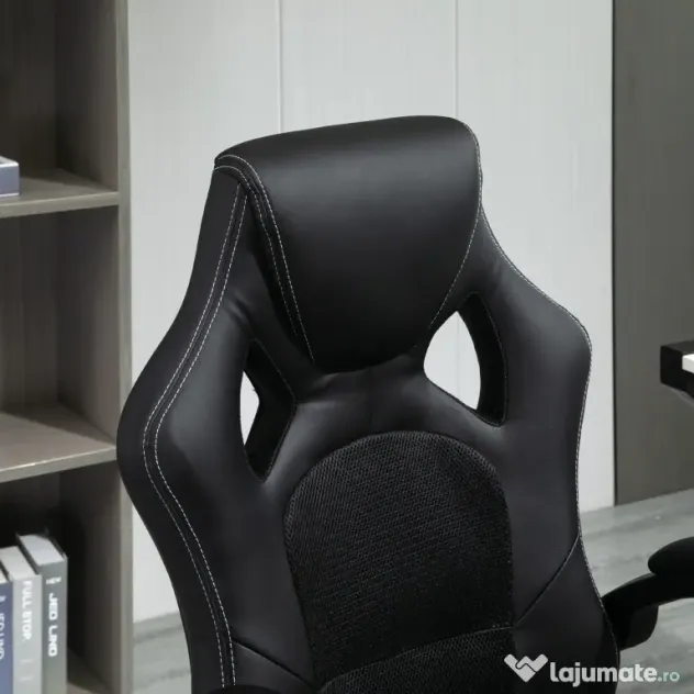 HOMCOM Scaun pentru birou, cu roti rotative la 360°, scaun gaming, inaltimea reglabila, Negru | Aosom Romania