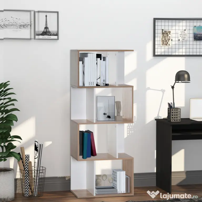 HOMCOM Librarie de Design Modern 4 rafturi Lemn Natural si Alb, 60x24x148cm