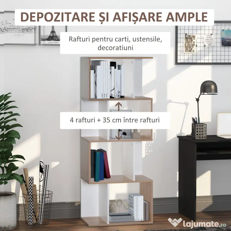 HOMCOM Librarie de Design Modern 4 rafturi Lemn Natural si Alb, 60x24x148cm