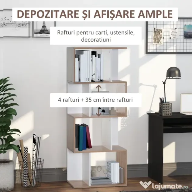 HOMCOM Librarie de Design Modern 4 rafturi Lemn Natural si Alb, 60x24x148cm