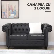 HOMCOM Canapea cu 2 Locuri Stil Chesterfield, PU, Lemn Masiv, 160 x 84 x 80 cm, Negru 