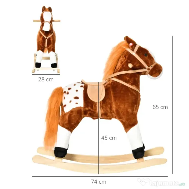 HOMCOM Căluț Balansoar din Lemn pentru Copii 3-6 Ani cu Sunet de Animal și Șa, 74x28x65 cm, Maro | Aosom Romania