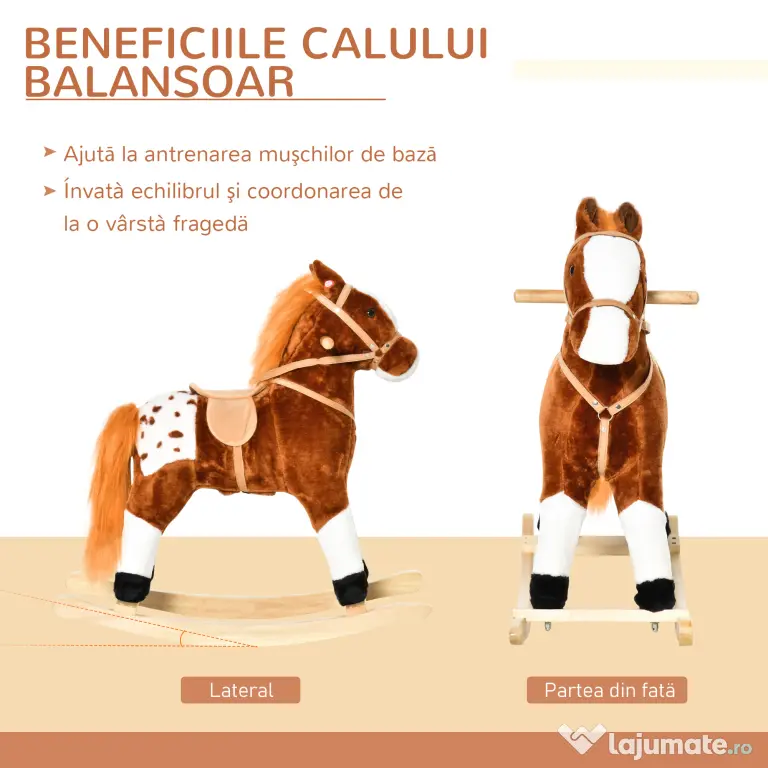 HOMCOM Căluț Balansoar din Lemn pentru Copii 3-6 Ani cu Sunet de Animal și Șa, 74x28x65 cm, Maro | Aosom Romania