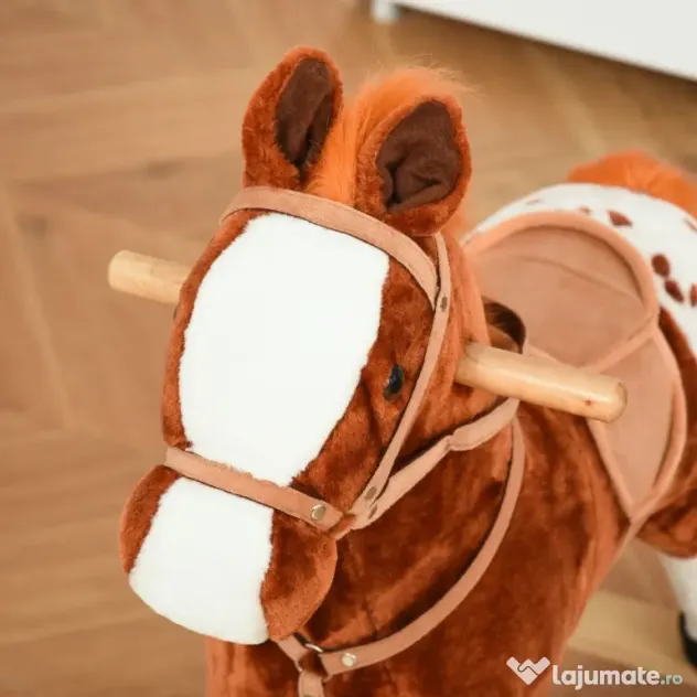 HOMCOM Căluț Balansoar din Lemn pentru Copii 3-6 Ani cu Sunet de Animal și Șa, 74x28x65 cm, Maro | Aosom Romania