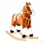HOMCOM Căluț Balansoar din Lemn pentru Copii 3-6 Ani cu Sunet de Animal și Șa, 74x28x65 cm, Maro
