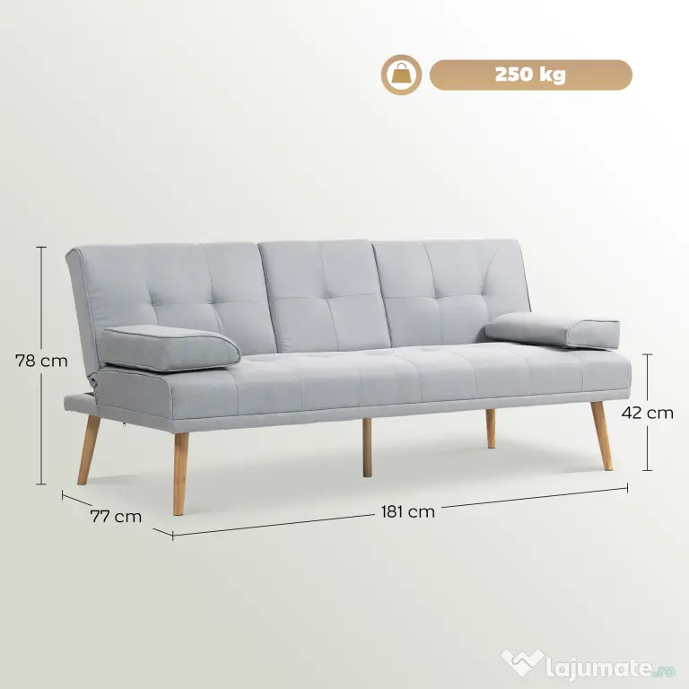 HOMCOM Canapea Pat cu Masuta Rasturnata si Picioare din Lemn Masiv Gri deschis | Aosom Romania