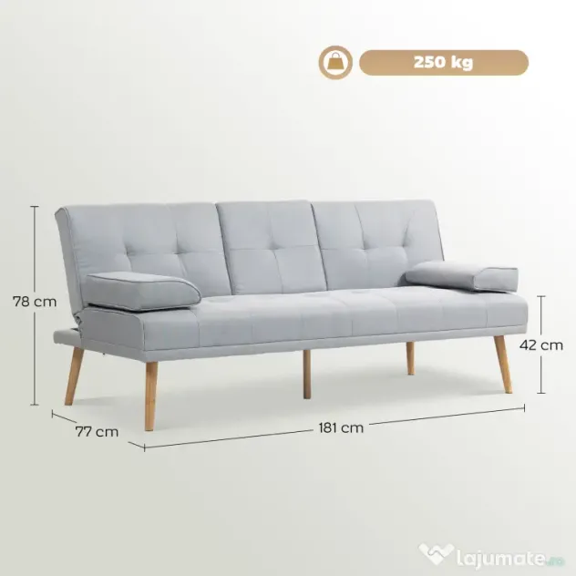 HOMCOM Canapea Pat cu Masuta Rasturnata si Picioare din Lemn Masiv Gri deschis | Aosom Romania
