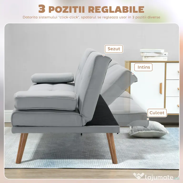 HOMCOM Canapea Pat cu Masuta Rasturnata si Picioare din Lemn Masiv Gri deschis | Aosom Romania
