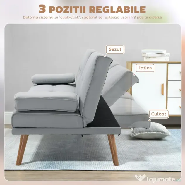 HOMCOM Canapea Pat cu Masuta Rasturnata si Picioare din Lemn Masiv Gri deschis | Aosom Romania
