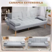 HOMCOM Canapea Pat cu Spătar Reglabil 3 Trepte, Tapițerie din In, Suport Pahare și Măsuță Rabatabilă, Picioare din Lemn, gri deschis 