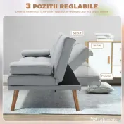 HOMCOM Canapea Pat cu Spătar Reglabil 3 Trepte, Tapițerie din In, Suport Pahare și Măsuță Rabatabilă, Picioare din Lemn, gri deschis 
