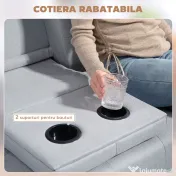 HOMCOM Canapea Pat cu Spătar Reglabil 3 Trepte, Tapițerie din In, Suport Pahare și Măsuță Rabatabilă, Picioare din Lemn, gri deschis 