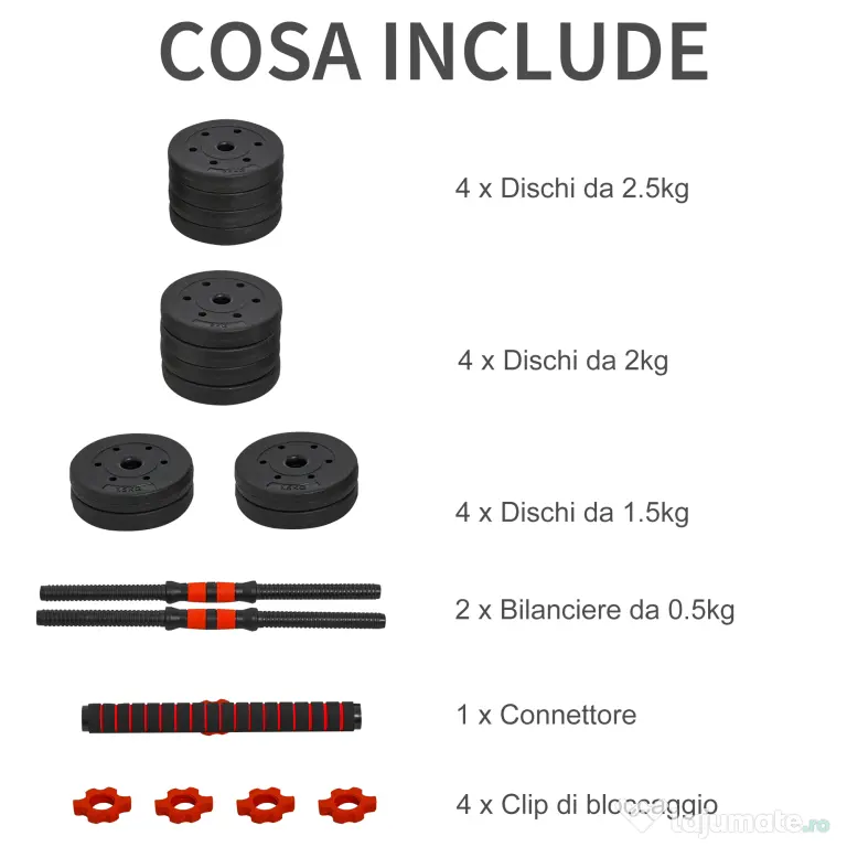 HOMCOM Gantere Convertibile în Halteră, Set 25kg Total, 12 Discuri Greutăți, Oțel și Plastic, Antrenament Acasă | Aosom Romania