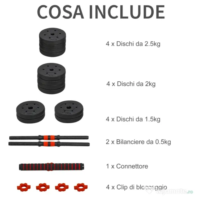 HOMCOM Gantere Convertibile în Halteră, Set 25kg Total, 12 Discuri Greutăți, Oțel și Plastic, Antrenament Acasă | Aosom Romania