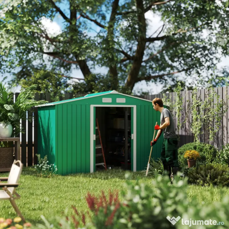 Casuta Pentru Unelte de Gradina Outsunny, Lamiera si Fier Verde 277x191x192cm | Aosom Romania