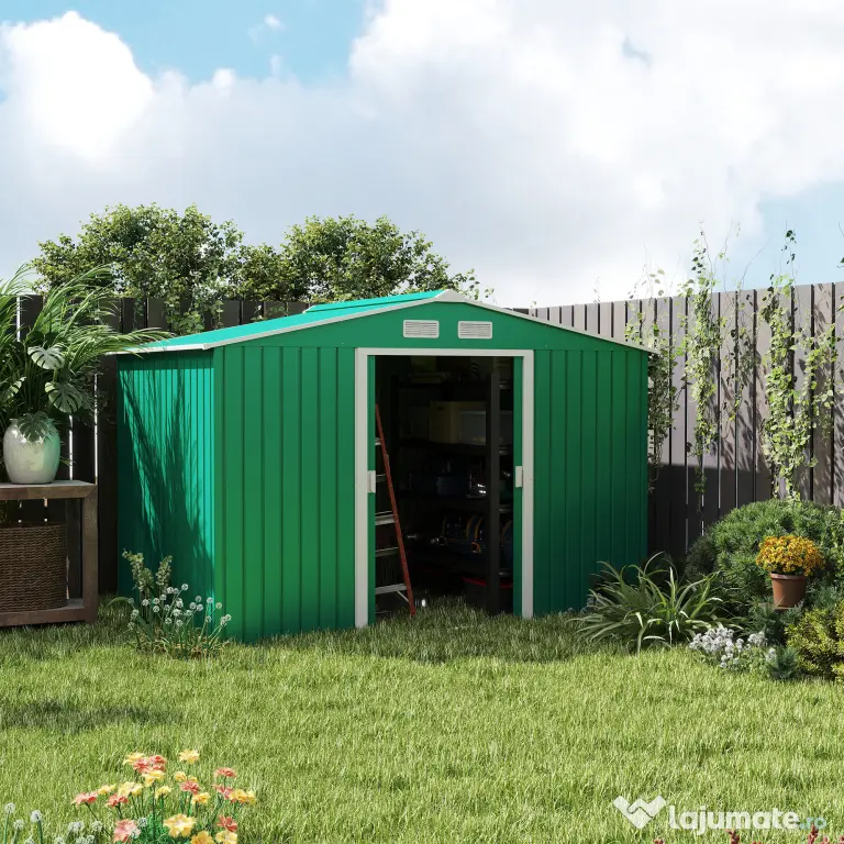 Casuta Pentru Unelte de Gradina Outsunny, Lamiera si Fier Verde 277x191x192cm | Aosom Romania