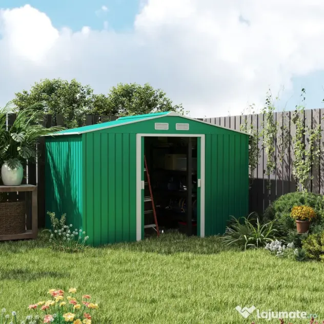 Casuta Pentru Unelte de Gradina Outsunny, Lamiera si Fier Verde 277x191x192cm | Aosom Romania