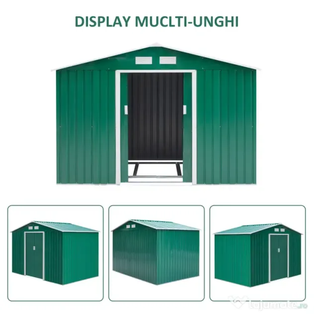 Casuta Pentru Unelte de Gradina Outsunny, Lamiera si Fier Verde 277x191x192cm | Aosom Romania