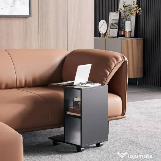 HOMCOM Masă Laterală Mobilă în Formă de C cu 2 Rafturi și 4 Roți Pivotante PAL Negru 45x35x58cm | Aosom Romania