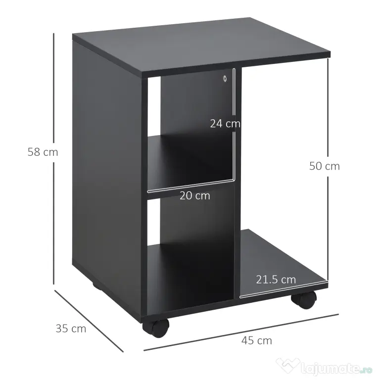 HOMCOM Masă Laterală Mobilă în Formă de C cu 2 Rafturi și 4 Roți Pivotante PAL Negru 45x35x58cm | Aosom Romania
