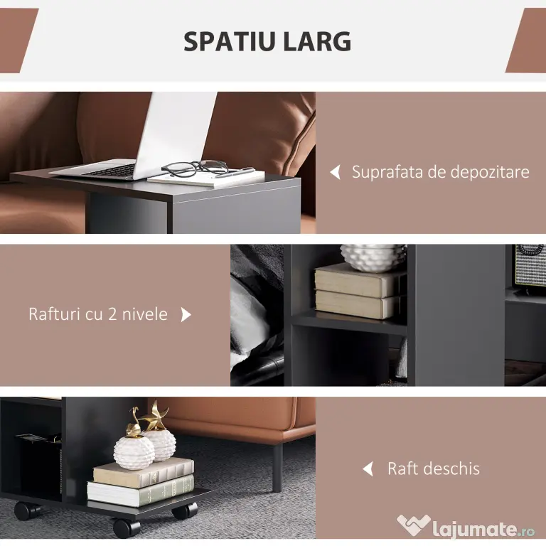 HOMCOM Masă Laterală Mobilă în Formă de C cu 2 Rafturi și 4 Roți Pivotante PAL Negru 45x35x58cm | Aosom Romania