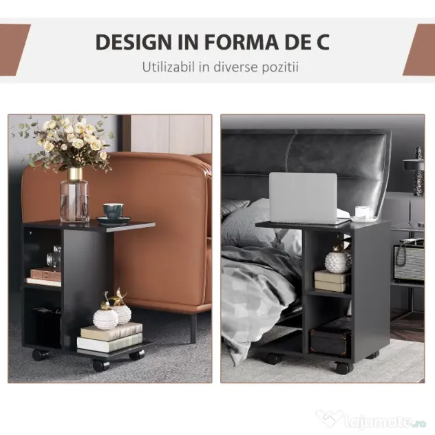 HOMCOM Masă Laterală Mobilă în Formă de C cu 2 Rafturi și 4 Roți Pivotante PAL Negru 45x35x58cm | Aosom Romania