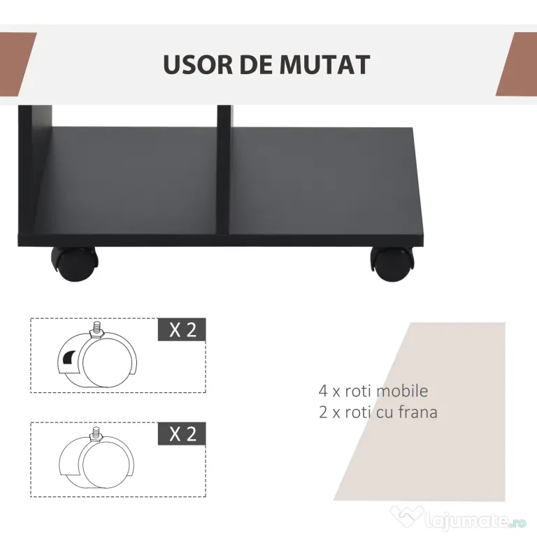 HOMCOM Masă Laterală Mobilă în Formă de C cu 2 Rafturi și 4 Roți Pivotante PAL Negru 45x35x58cm | Aosom Romania
