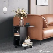 HOMCOM Masă Laterală Mobilă în Formă de C cu 2 Rafturi și 4 Roți Pivotante PAL Negru 45x35x58cm | Aosom Romania