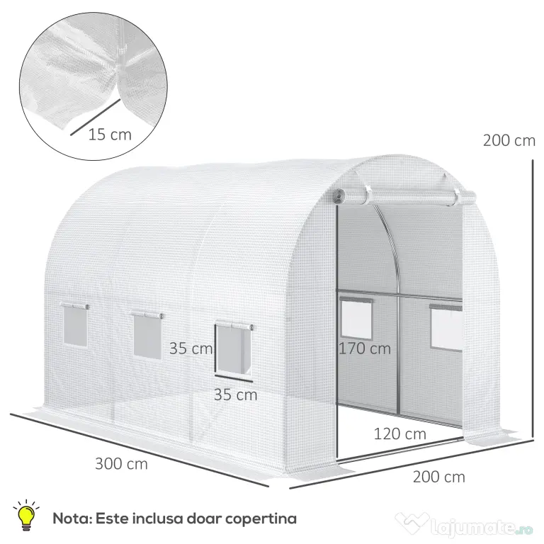 Outsunny Folie pentru Seră cu 12 Ferestre, Ușă Rulabilă și Margini Îngropate, 3x2x2 m, Alb | Aosom Romania