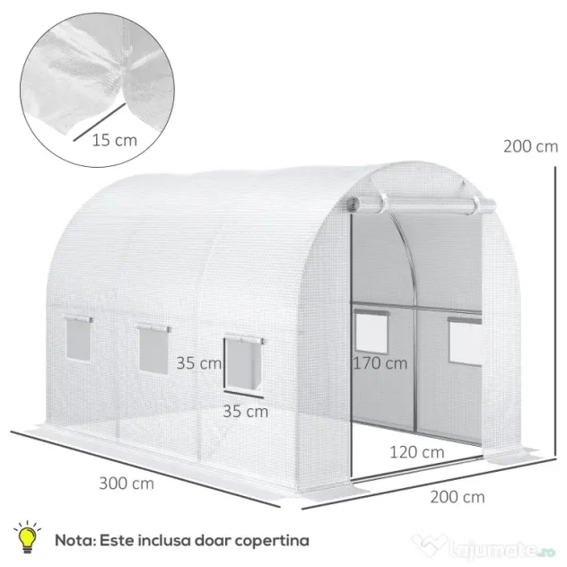 Outsunny Folie pentru Seră cu 12 Ferestre, Ușă Rulabilă și Margini Îngropate, 3x2x2 m, Alb | Aosom Romania