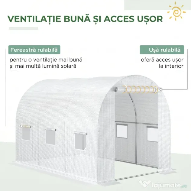 Outsunny Folie pentru Seră cu 12 Ferestre, Ușă Rulabilă și Margini Îngropate, 3x2x2 m, Alb | Aosom Romania