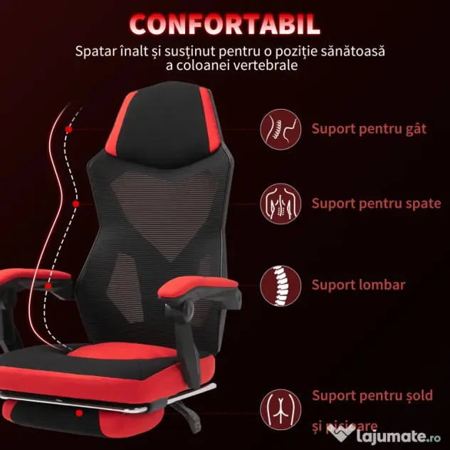 Vinsetto Scaun de Birou Ergonomic și Reclinabil cu Suport pentru Picioare Negru și Roșu | Aosom Romania