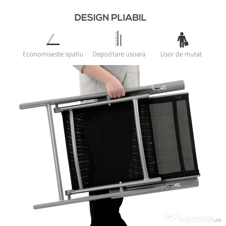 Outsunny Scaun de Grădină Pliabil cu Spătar Reglabil din Aluminiu, 65x55x107 cm, Negru | Aosom Romania