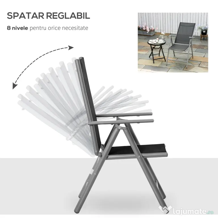 Outsunny Scaun de Grădină Pliabil cu Spătar Reglabil din Aluminiu, 65x55x107 cm, Negru | Aosom Romania