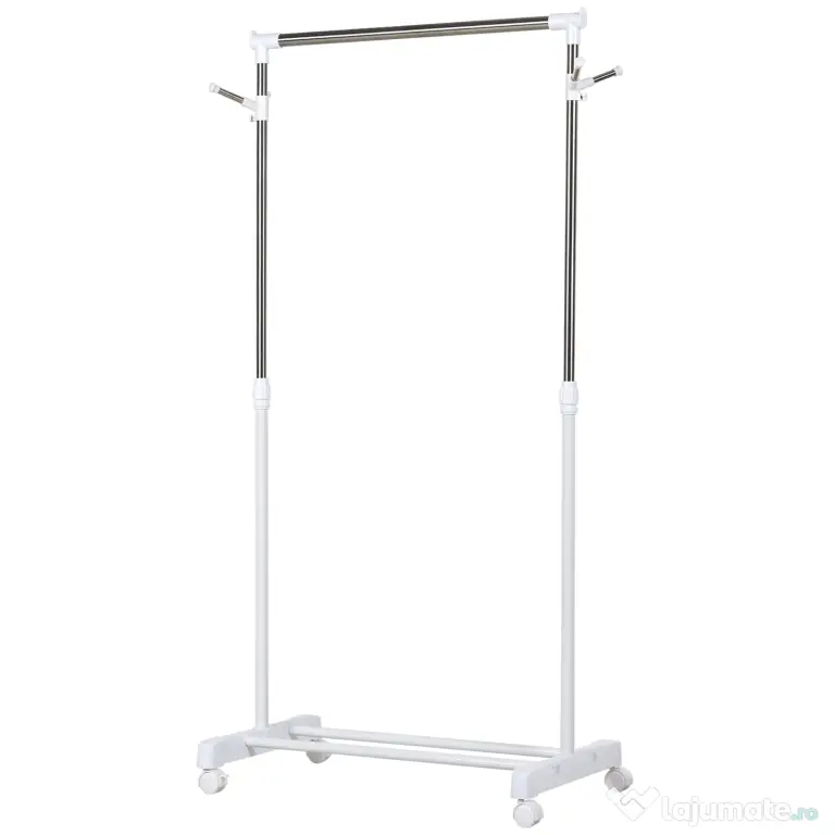 HOMCOM Suport de Haine din Oțel Inoxidabil, Reglabil pe Înălțime cu Bază de Depozitare și 4 Roți, 68,5x42x87-145 cm, Alb și Argintiu | Aosom Romania