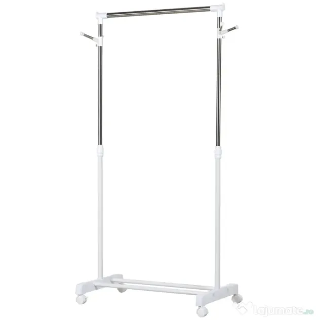 HOMCOM Suport de Haine din Oțel Inoxidabil, Reglabil pe Înălțime cu Bază de Depozitare și 4 Roți, 68,5x42x87-145 cm, Alb și Argintiu | Aosom Romania