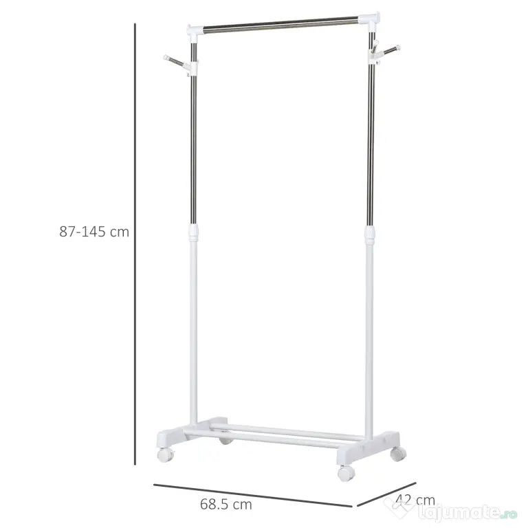 HOMCOM Suport de Haine din Oțel Inoxidabil, Reglabil pe Înălțime cu Bază de Depozitare și 4 Roți, 68,5x42x87-145 cm, Alb și Argintiu | Aosom Romania