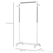 HOMCOM Suport de Haine din Oțel Inoxidabil, Reglabil pe Înălțime cu Bază de Depozitare și 4 Roți, 68,5x42x87-145 cm, Alb și Argintiu | Aosom Romania 