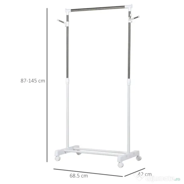 HOMCOM Suport de Haine din Oțel Inoxidabil, Reglabil pe Înălțime cu Bază de Depozitare și 4 Roți, 68,5x42x87-145 cm, Alb și Argintiu | Aosom Romania