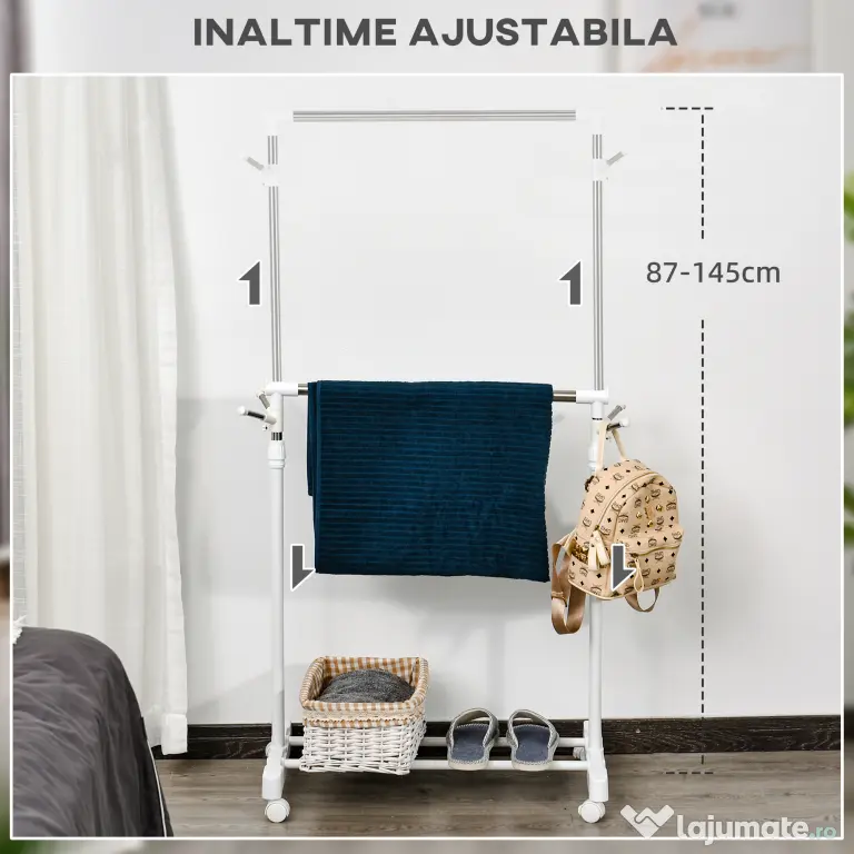 HOMCOM Suport de Haine din Oțel Inoxidabil, Reglabil pe Înălțime cu Bază de Depozitare și 4 Roți, 68,5x42x87-145 cm, Alb și Argintiu | Aosom Romania