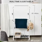 HOMCOM Suport de Haine din Oțel Inoxidabil, Reglabil pe Înălțime cu Bază de Depozitare și 4 Roți, 68,5x42x87-145 cm, Alb și Argintiu | Aosom Romania 