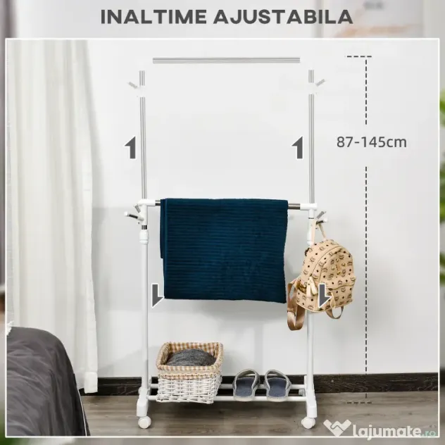 HOMCOM Suport de Haine din Oțel Inoxidabil, Reglabil pe Înălțime cu Bază de Depozitare și 4 Roți, 68,5x42x87-145 cm, Alb și Argintiu | Aosom Romania