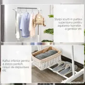 HOMCOM Suport de Haine din Oțel Inoxidabil, Reglabil pe Înălțime cu Bază de Depozitare și 4 Roți, 68,5x42x87-145 cm, Alb și Argintiu | Aosom Romania 