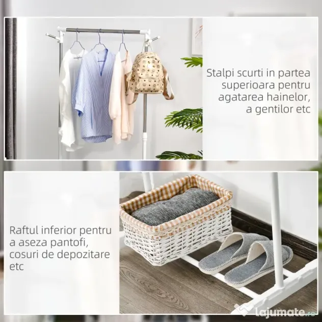 HOMCOM Suport de Haine din Oțel Inoxidabil, Reglabil pe Înălțime cu Bază de Depozitare și 4 Roți, 68,5x42x87-145 cm, Alb și Argintiu | Aosom Romania