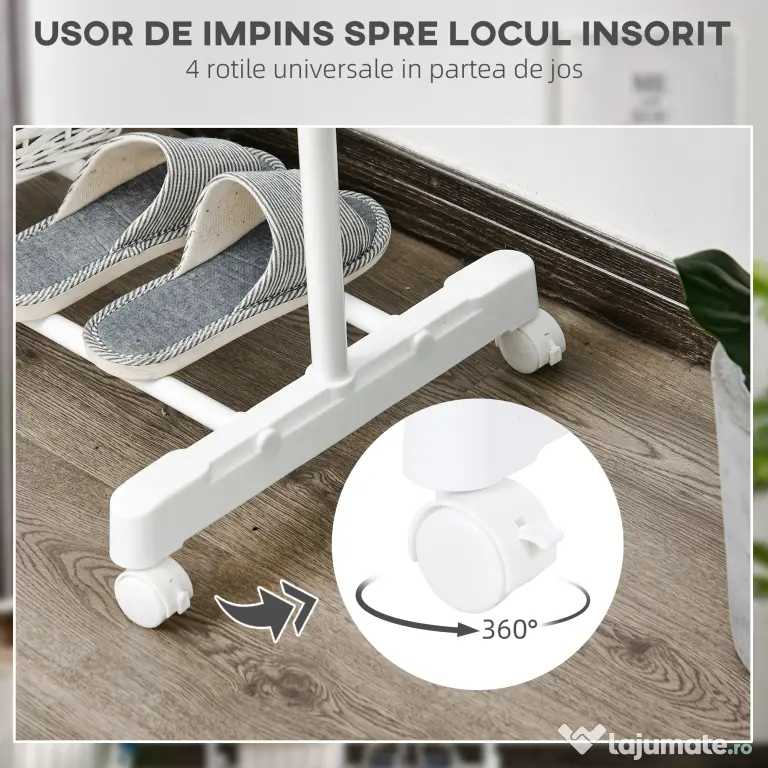 HOMCOM Suport de Haine din Oțel Inoxidabil, Reglabil pe Înălțime cu Bază de Depozitare și 4 Roți, 68,5x42x87-145 cm, Alb și Argintiu | Aosom Romania