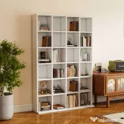 HOMCOM Bibliotecă din Lemn cu 24 Compartimente, Raft Organizator Cărți, CD-uri și Decorative, Alb, 130.5x89x20 cm 